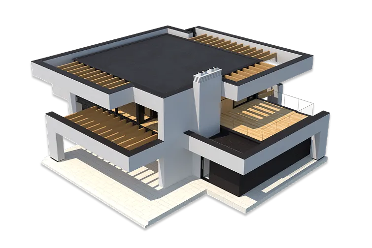 a 3D model of a modern, two-story house with a flat roof